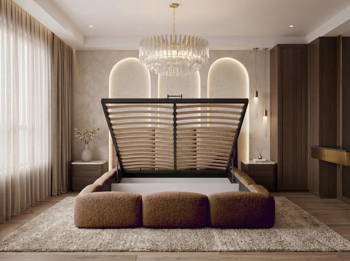 POLSTERBETT Harmony mit Bettkasten, Braun Boucle 200x200 cm - Beige/Birkefarben, Holzwerkstoff/Kunststoff (200/200cm) - WFL GROUP