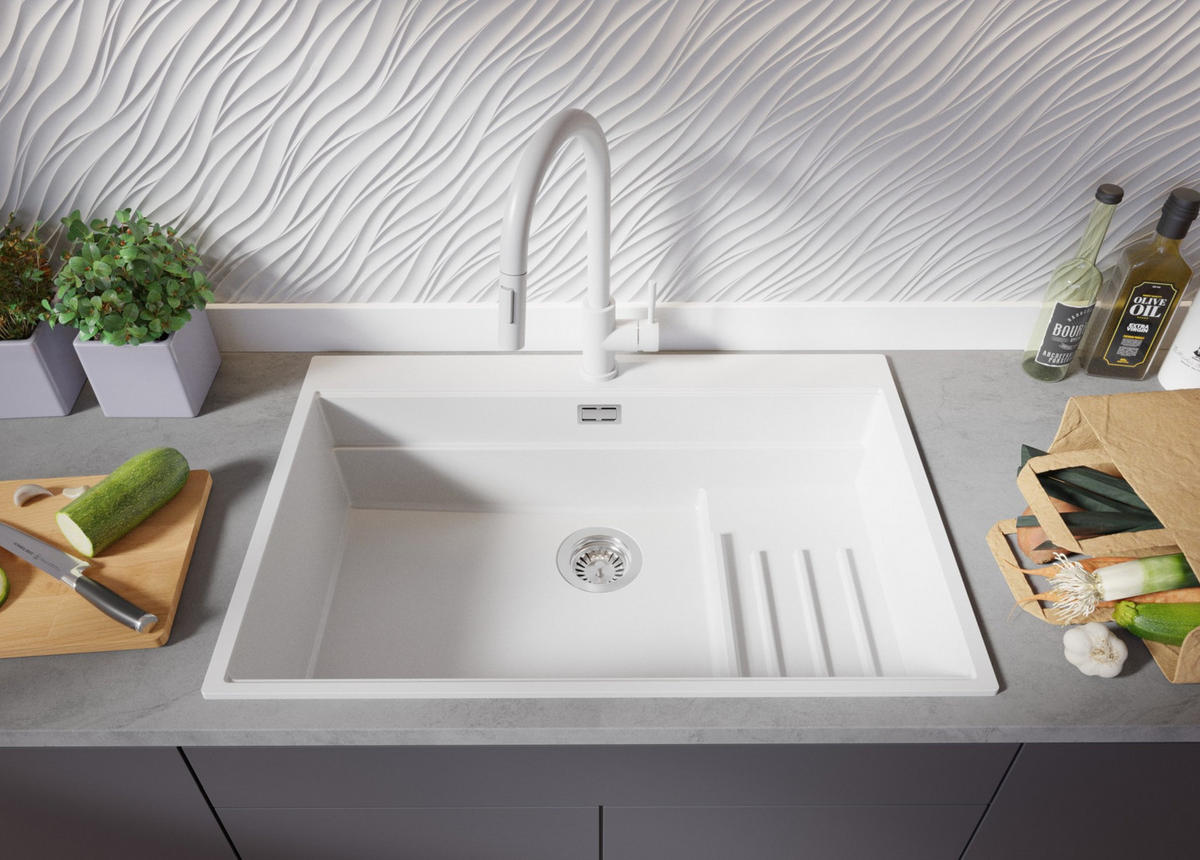 SPÜLBECKEN Oslo Max, 2-er set Weiß 78/53 cm 1 Becken + Ablauf-Set + Küchenzubehörset ab 80er Unterschrank - Chromfarben/Beige, Kunststoff (78/20/53cm) - Primagran