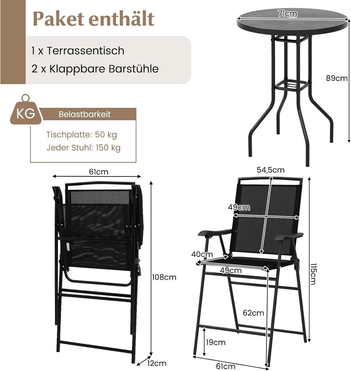 BARHOCKER SET Schwarz(3-teilig) - Schwarz, Textil - COSTWAY