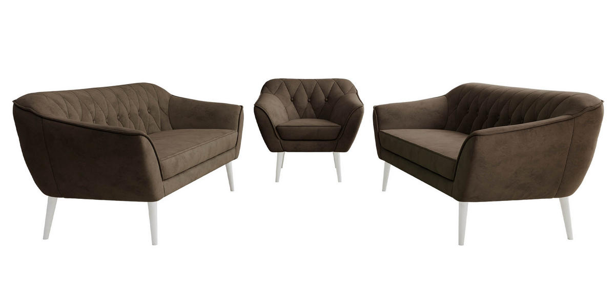 SITZGARNITUR PIRS 3+3+1 - Braun Velvet - Weiße Beine - Dunkelbraun/Braun, Holzwerkstoff/Textil (180/75/74cm) - MKS