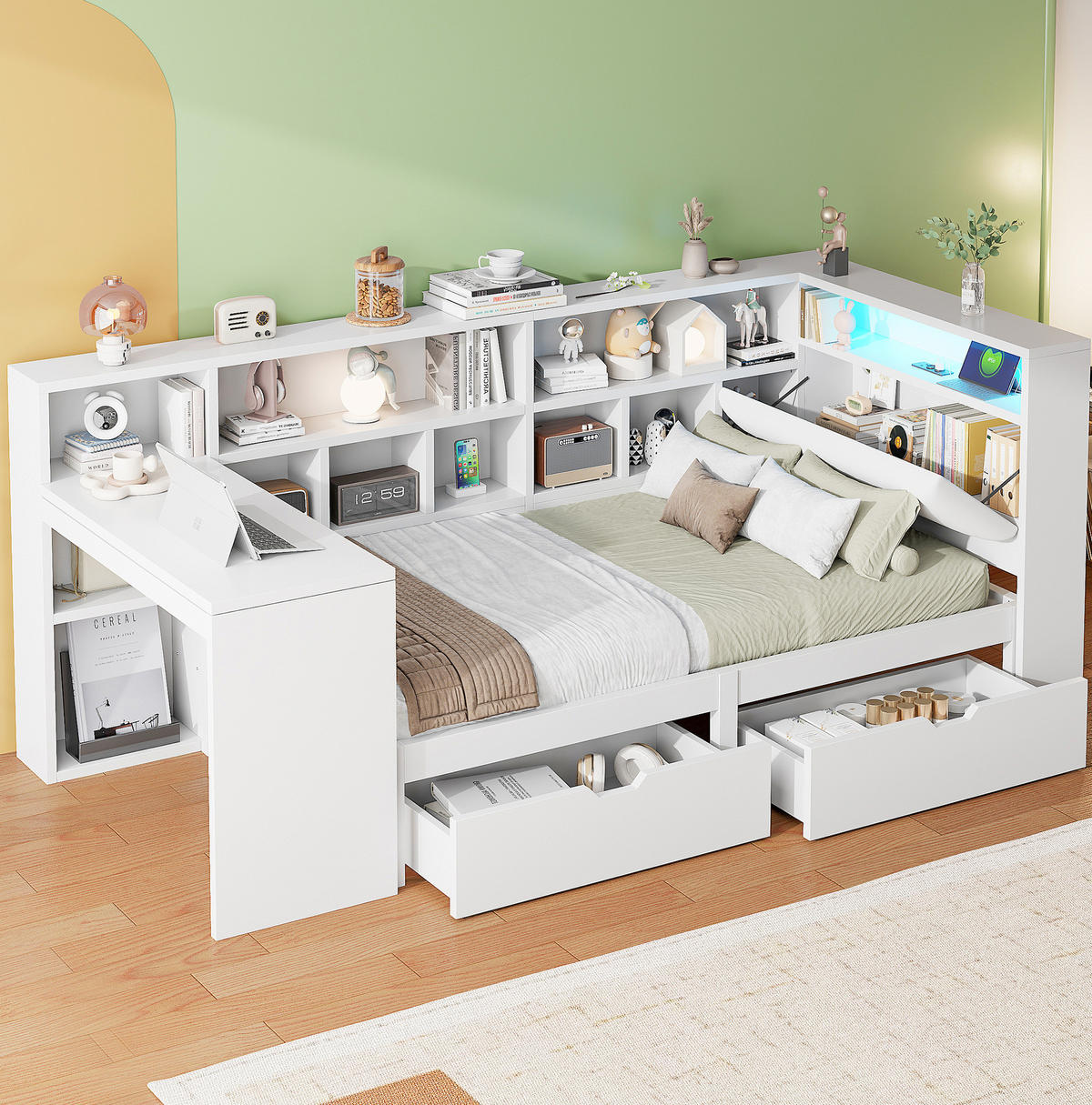 BETT aus MDF und Sperrholz 90x200 cm Weiß mit Schreibtisch, Bücherregal, LED und USB-Ladestation - Weiß, Holzwerkstoff (90/200cm) - Modfu
