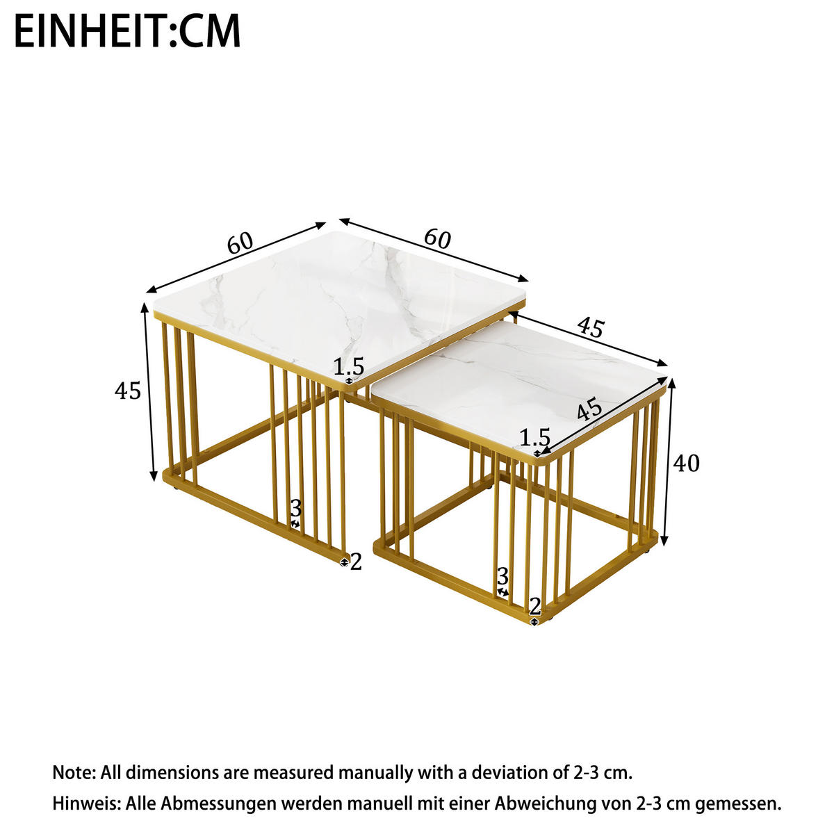 COUCHTISCH-SET 2-teilig, Marmoroptik Hochglanz, ineinander schiebbar, 60/60/45 + 45/45/40 cm, Weiß - Weiß, Holzwerkstoff (60/60/45cm) - Redom