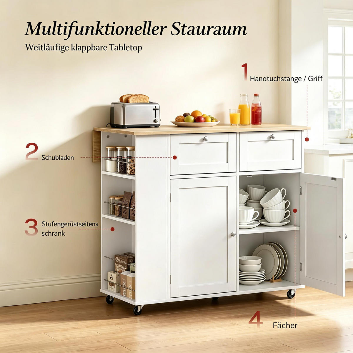 KÜCHENINSEL DE-41508 101/46-62/86 cm, klappbare Arbeitsplatte Weiß - Weiß, Holzwerkstoff (101/86/62cm) - ComfortXL