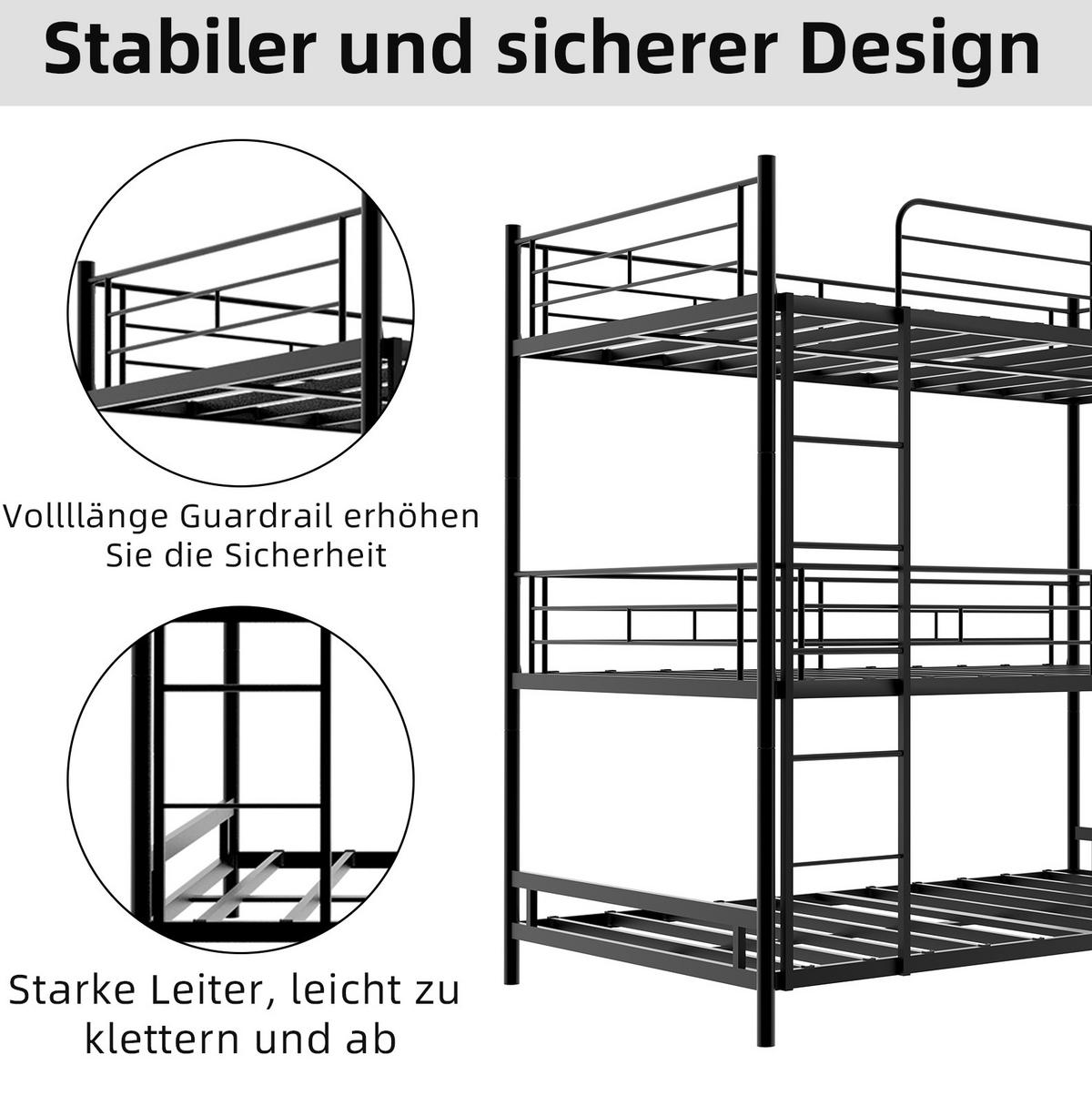 DREIFACH-ETAGENBETT 90/180 cm schwarz aus Metall mit Leitern und Geländer - Schwarz, Metall (90/190cm) - OKWISH