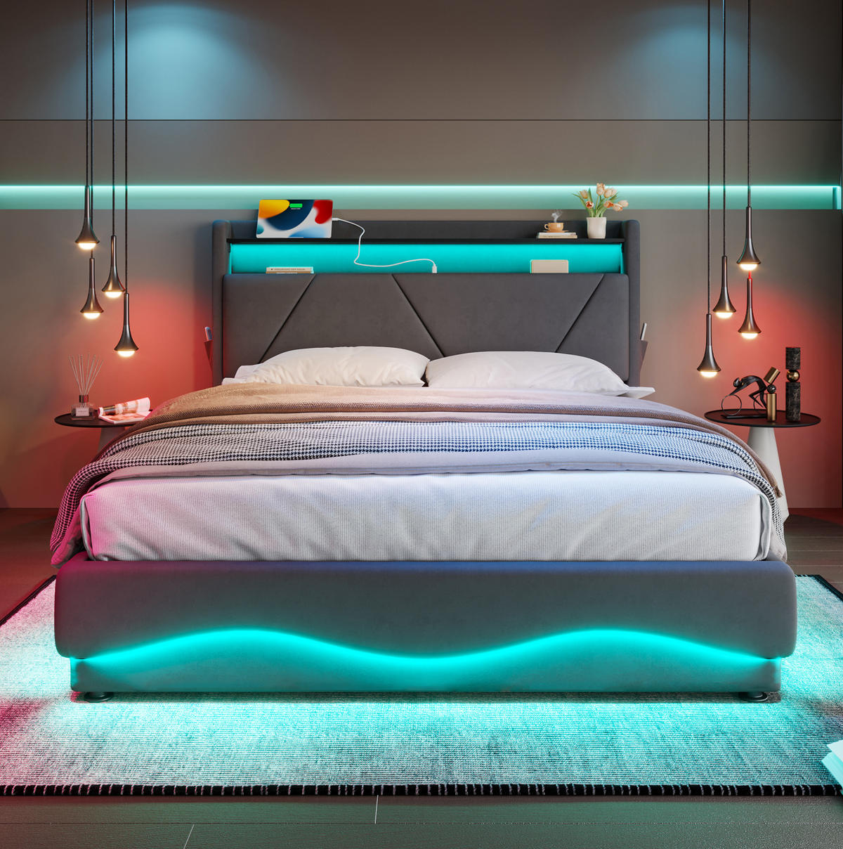 POLSTERBETT 160/200 cm aus Samt mit LED-Beleuchtung und Stauraum Dunkelgrau - Dunkelgrau, Textil (160/200cm) - Modenvie