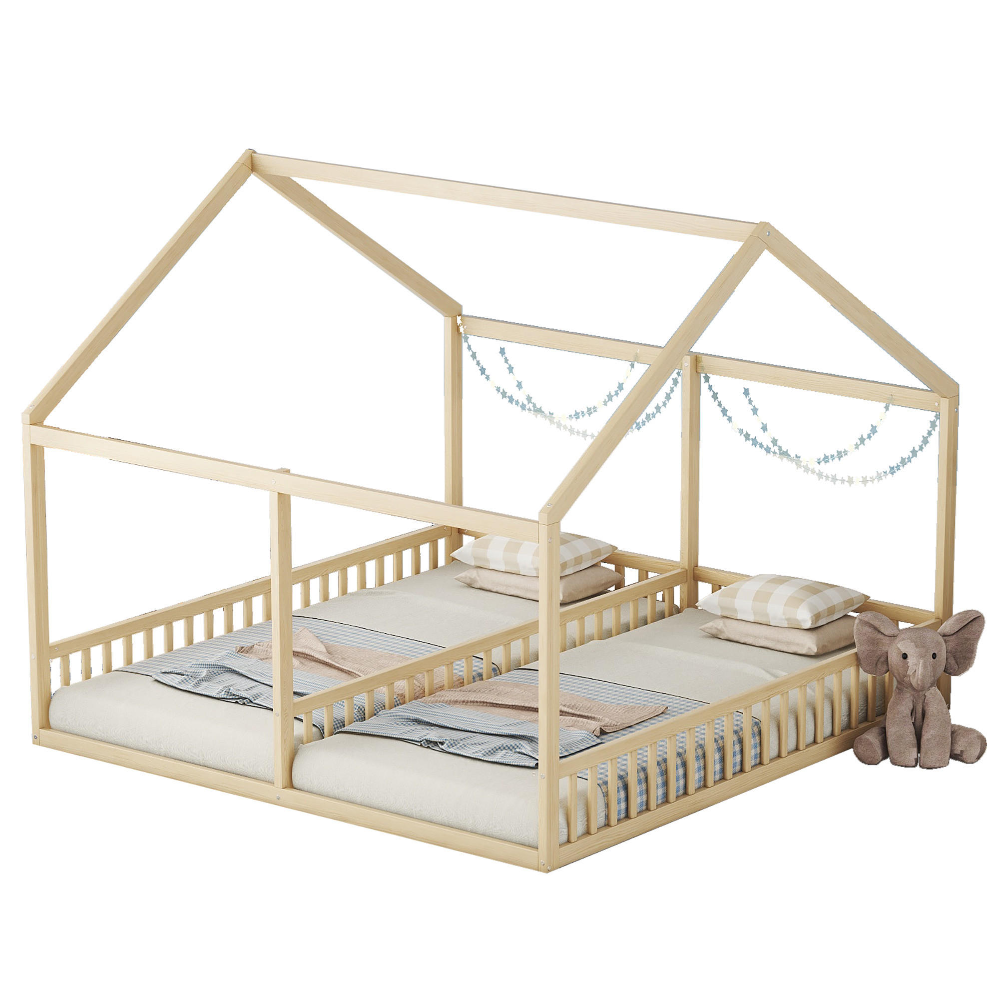 BETT 90/200 cm Natur aus Kiefernholz und MDF mit Mittelgeländer - Naturfarben, Holz (90/200cm) - OKMYHOME