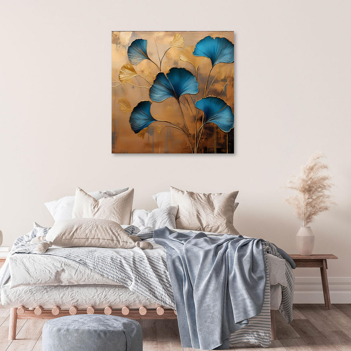 LEINWANDBILD Gold Ginko Blumen Botanik Art-Deco Natur 50x50cm - Beige, Textil (50/50cm) - Feeby