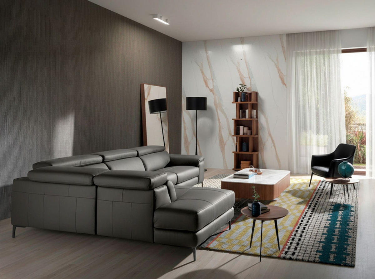 ECKSOFA Linke Chaiselongue Relaxsofa in dunkelgrauem Leder 295/232/97 cm - Dunkelgrau/Schwarz, Leder (295/232cm) - ANGEL CERDA