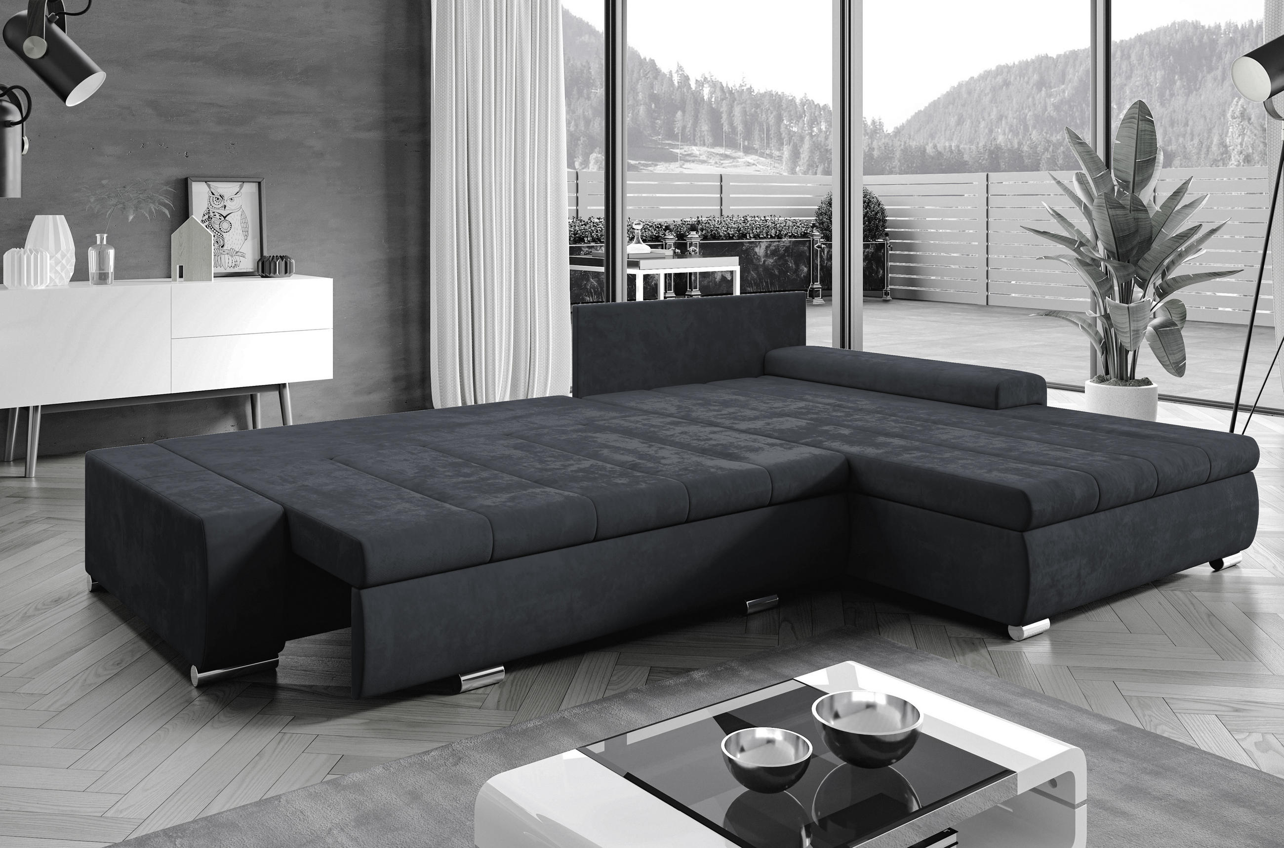Thumbnail - AX Living Ecksofa, Schwarz, Textil, Teilmassiv,Kiefer, Uni, 5-Sitzer, Füllung: Polyurethan (Pur), L-Form,L-Form, kugelfö...