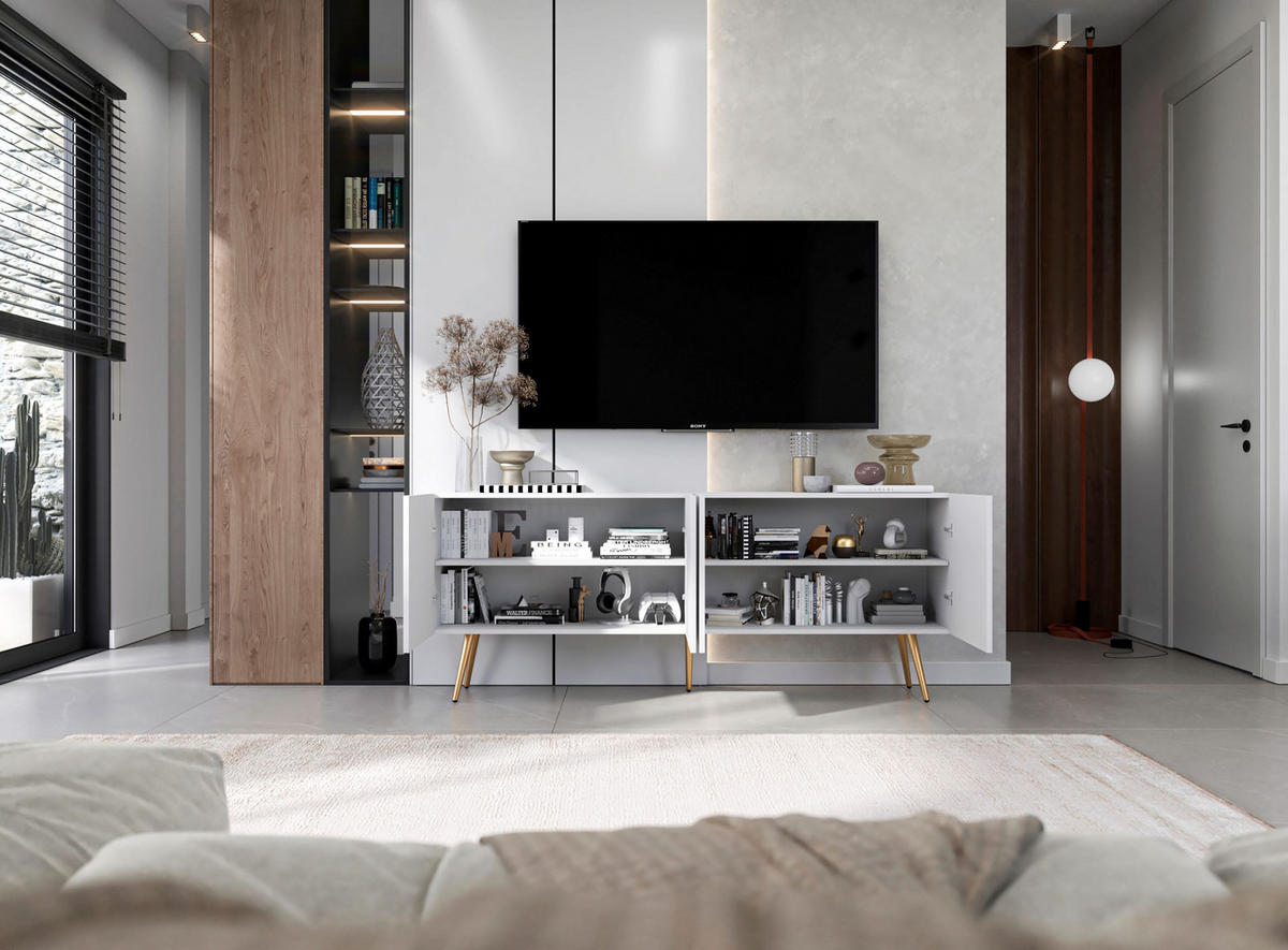 TV-SCHRANK Elpis Weiß Matt mit goldenen Metallbeine Glamour 150 cm - Goldfarben/Weiß, Holzwerkstoff/Metall (150/60.5/36.5cm) - Meble Lindner
