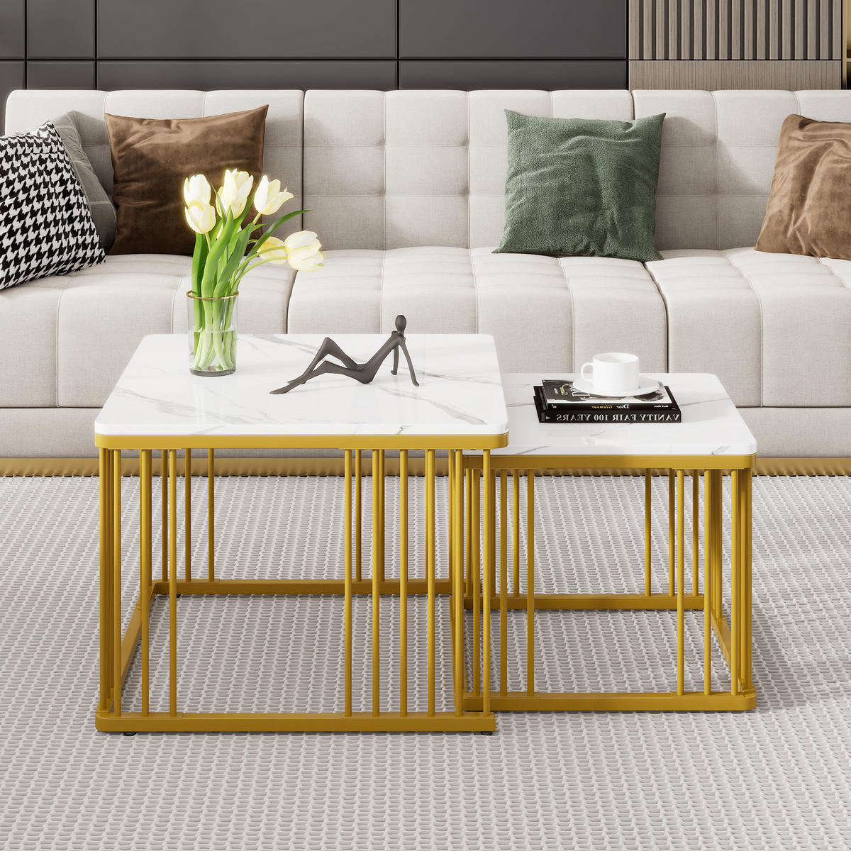 KONFERENČNÍ stolky 60/60/45 cm bílé z MDF v mramorovém vzhledu zasouvací 2 ks - bílá, kompozitní dřevo (60/60/45cm) - OKWISH
