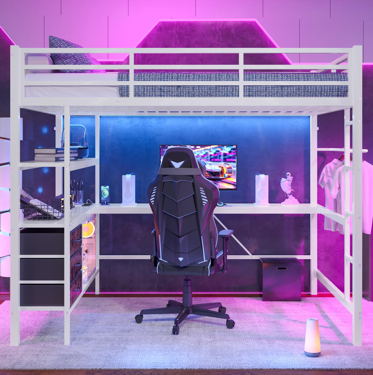 HOCHBETT 140/200 cm in Weiß mit LED-Beleuchtung, Schreibtisch und 3 Schubladen - Weiß, Metall (140/200cm) - Flora Grace