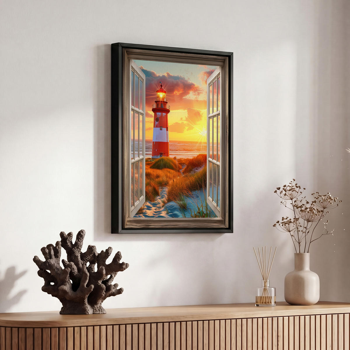 LEINWAND Bilder mit Rahmen - Aussicht - Fenster - Leuchtturm - Sonnenuntergang - Strand - 20x30 - Dunkelorange, Textil (20/30cm) - MuchoWow