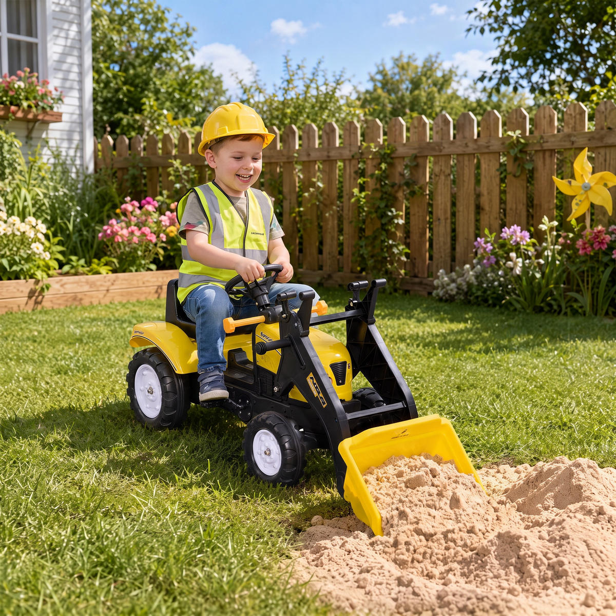 KINDER-RADLADER Kinderbagger Tretauto für 3-jährige Kinder mit Pedalen Gelb - Schwarz, Metall (114/41/52cm) - HOMCOM