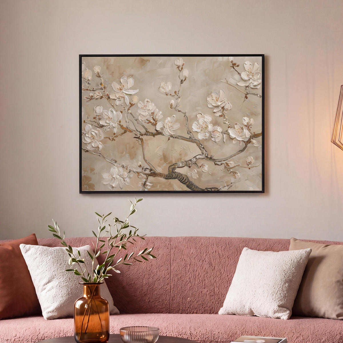 LEINWAND Bilder mit Rahmen - Blumen - Modern - Beige - Weiß - Blüte - 80x60 - Beige, Textil (80/60cm) - MuchoWow