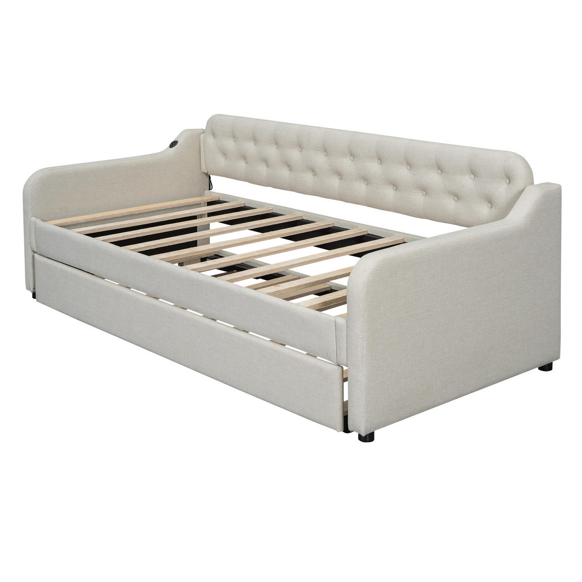 POLSTERBETT 90/200cm mit ausziehbarem Rollbett und USB-Anschluss Beige - Beige, Textil - OKWISH