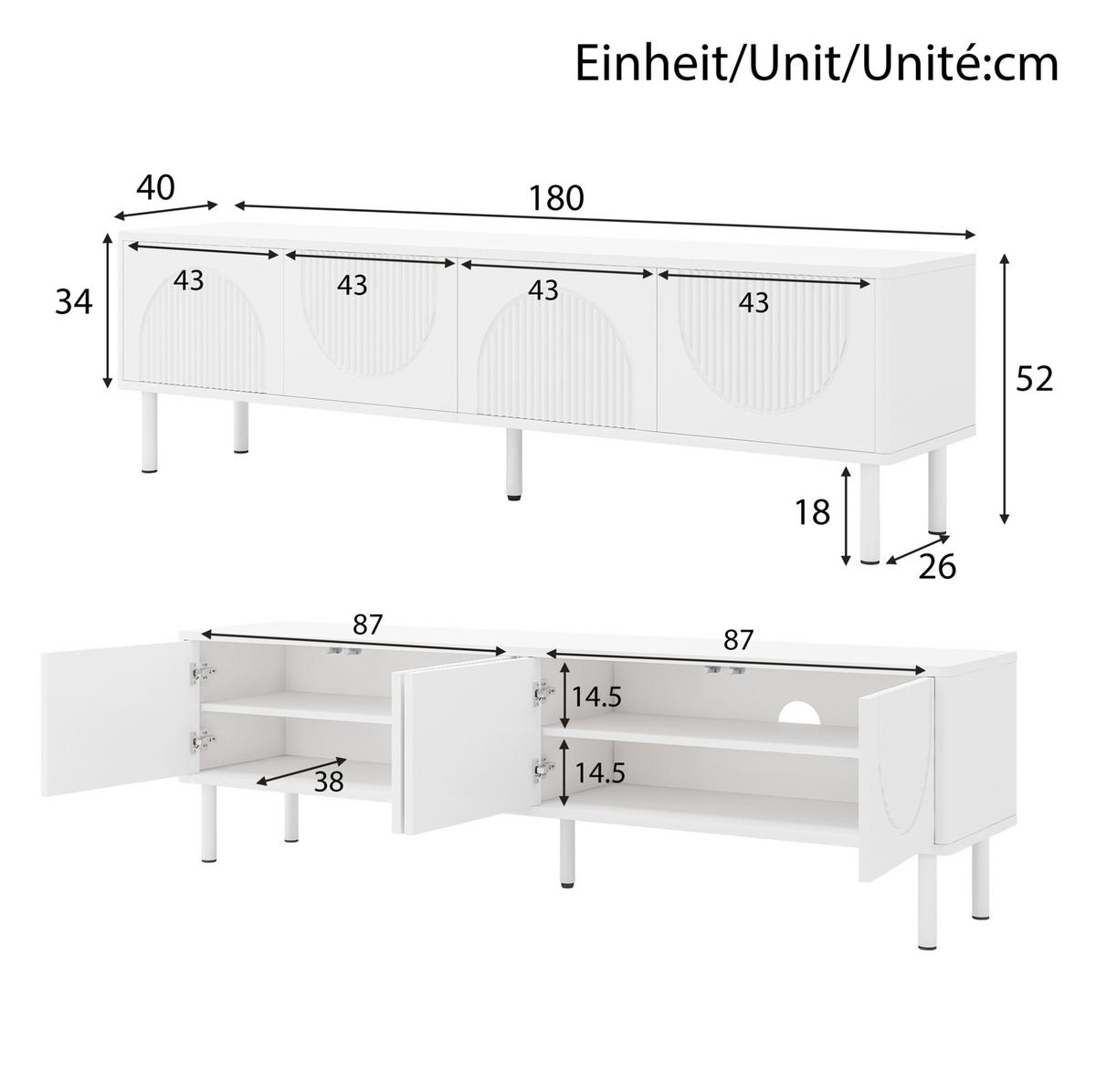 TV-LOWBOARD mit 4 Fächern 180 cm Weiß aus MDF und Spanplatte - Weiß, Holzwerkstoff (40/52/180cm) - Beauniv