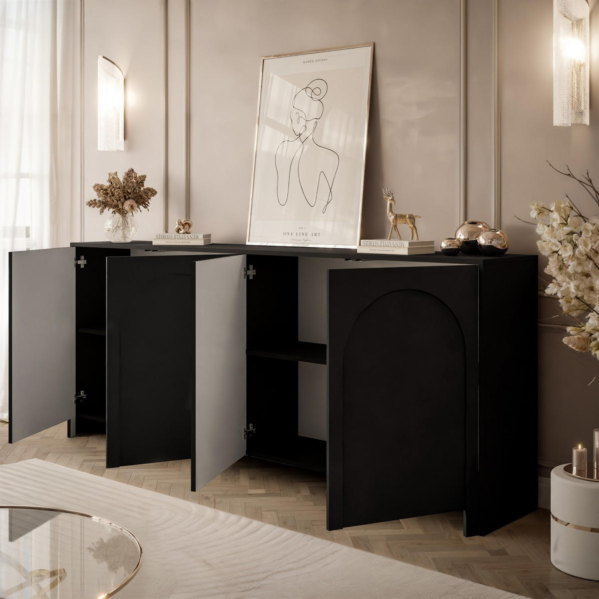 SIDEBOARD ARIADNA schwarz viertürig - Schwarz, Holzwerkstoff (204/83/35cm)
