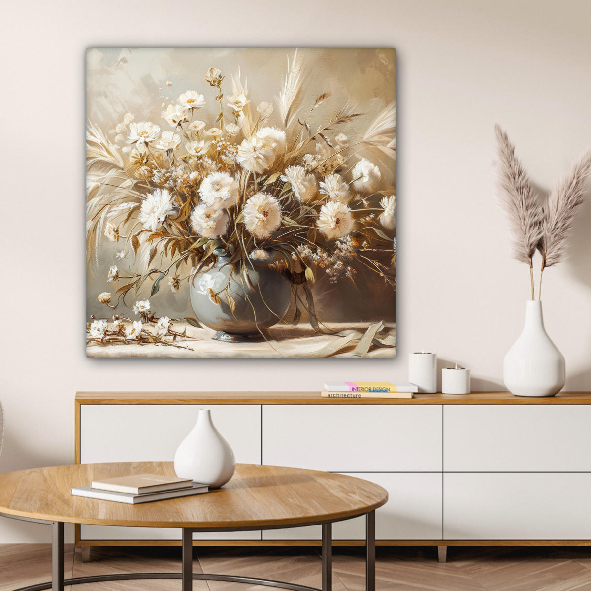 LEINWANDBILD Blumen - Vase - Stilleben - Beige Deko Groß 90x90 cm - Creme, Textil (90/90cm) - MuchoWow