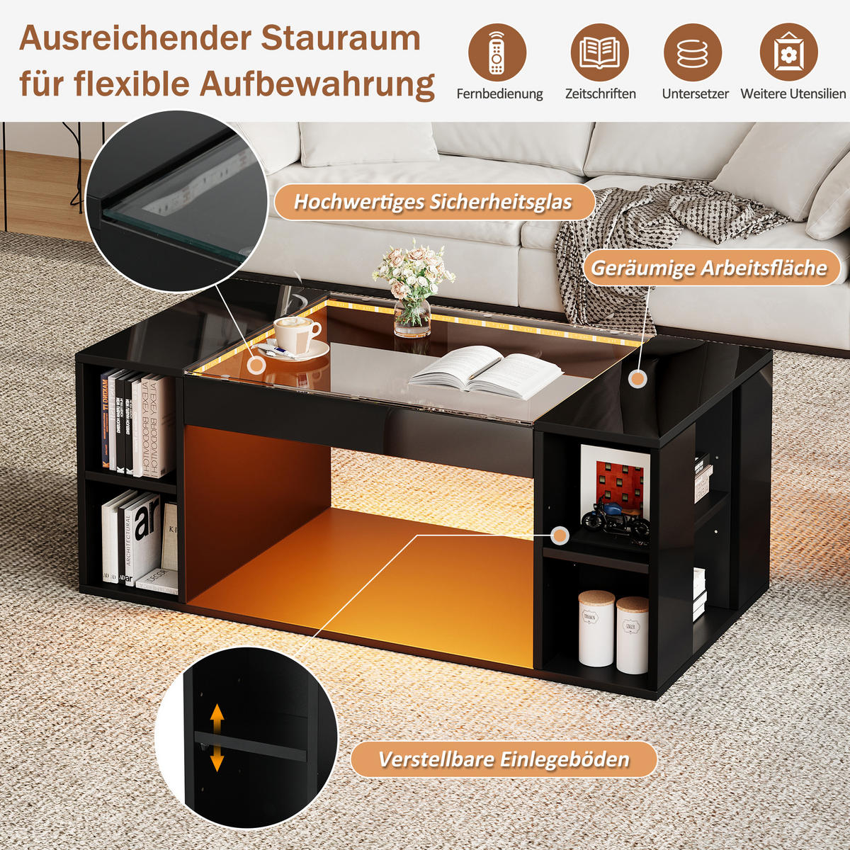 COUCHTISCH DE-070 LED-Glas Schwarz - Schwarz, Holzwerkstoff (50/100/40cm) - ComfortXL