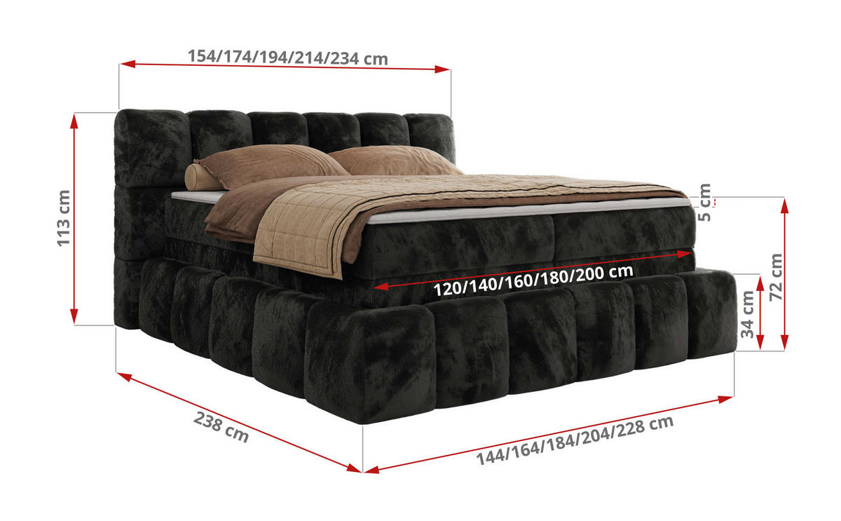 BOXSPRINGBETT NIRA KING 140/200 Dunkelgrau Plüsch - H3 - Dunkelgrau, Holz/Textil (140/200cm) - MKS