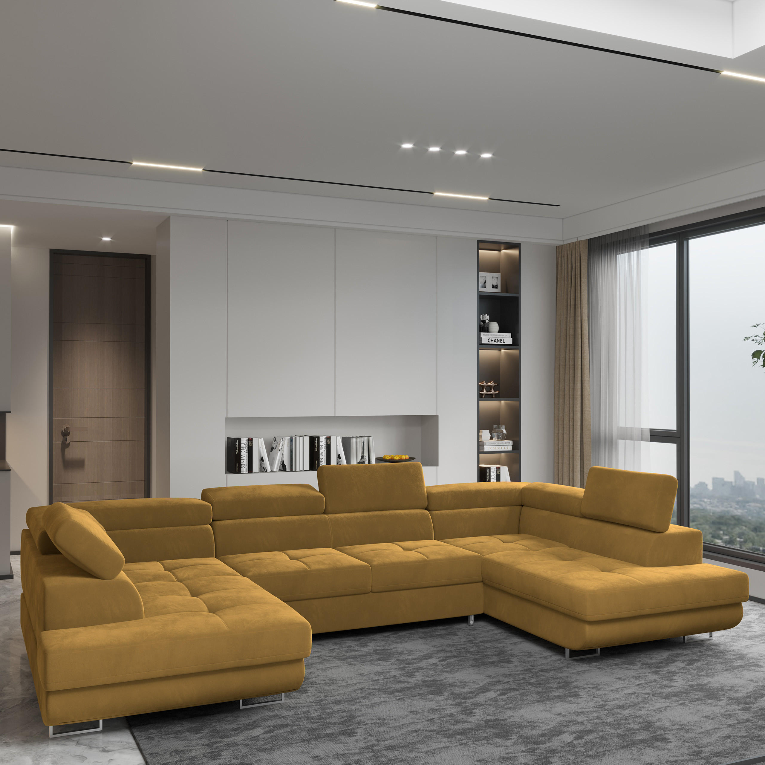 WOHNLANDSCHAFT RAGGIO Gelb Velours-Stoff mit Schlaffunktion - Gelb, Holz (336/90/202cm) - MASSENO