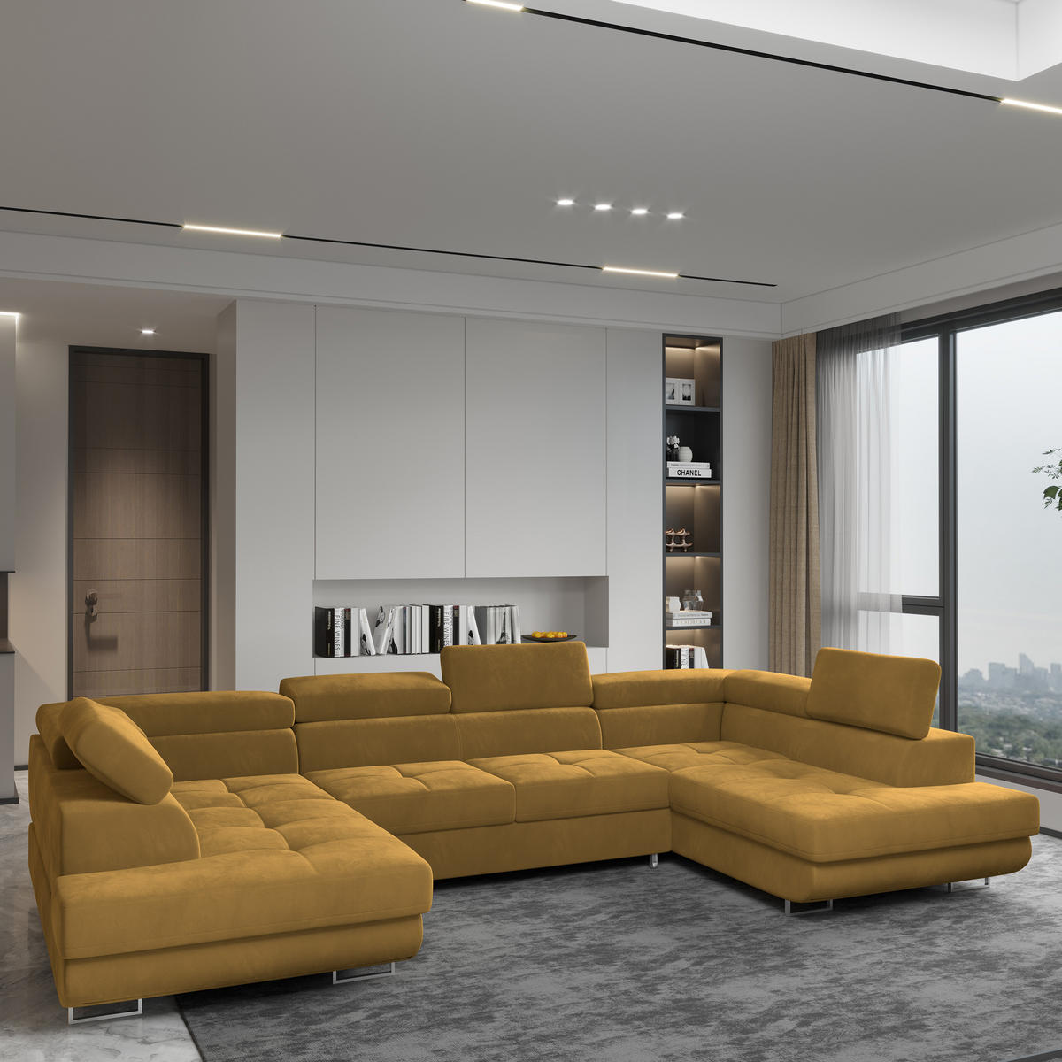 WOHNLANDSCHAFT RAGGIO Gelb Velours-Stoff mit Schlaffunktion - Gelb, Holz (336/90/202cm) - MASSENO