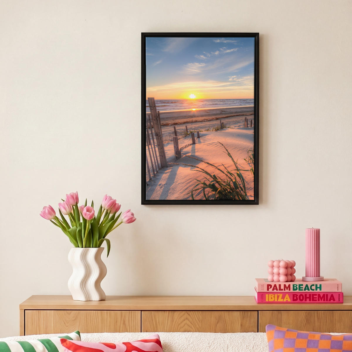 LEINWAND Bilder mit Rahmen - Strand - Meer - Düne - Sonnenuntergang - Landschaft - 20x30 - Beige, Textil (20/30cm) - MuchoWow