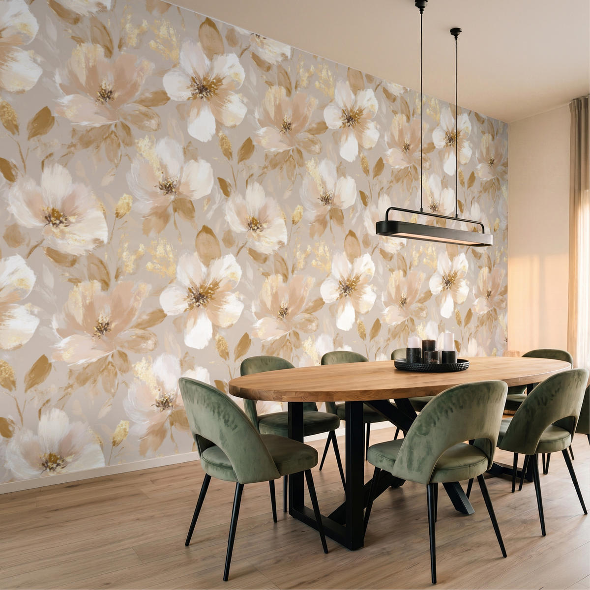 TAPETE - Blumen - künstlerisch - Gold - 450x260 cm - Beige, Papier (450/260cm) - OnlyWow