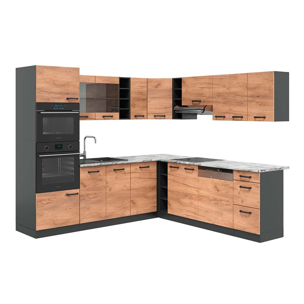 ECKKÜCHE R-Line Anthrazit/Goldkraft Eiche 237 x 247 cm , AP Marmor - Anthrazit, Holzwerkstoff (247/81.6/60cm) - Vicco