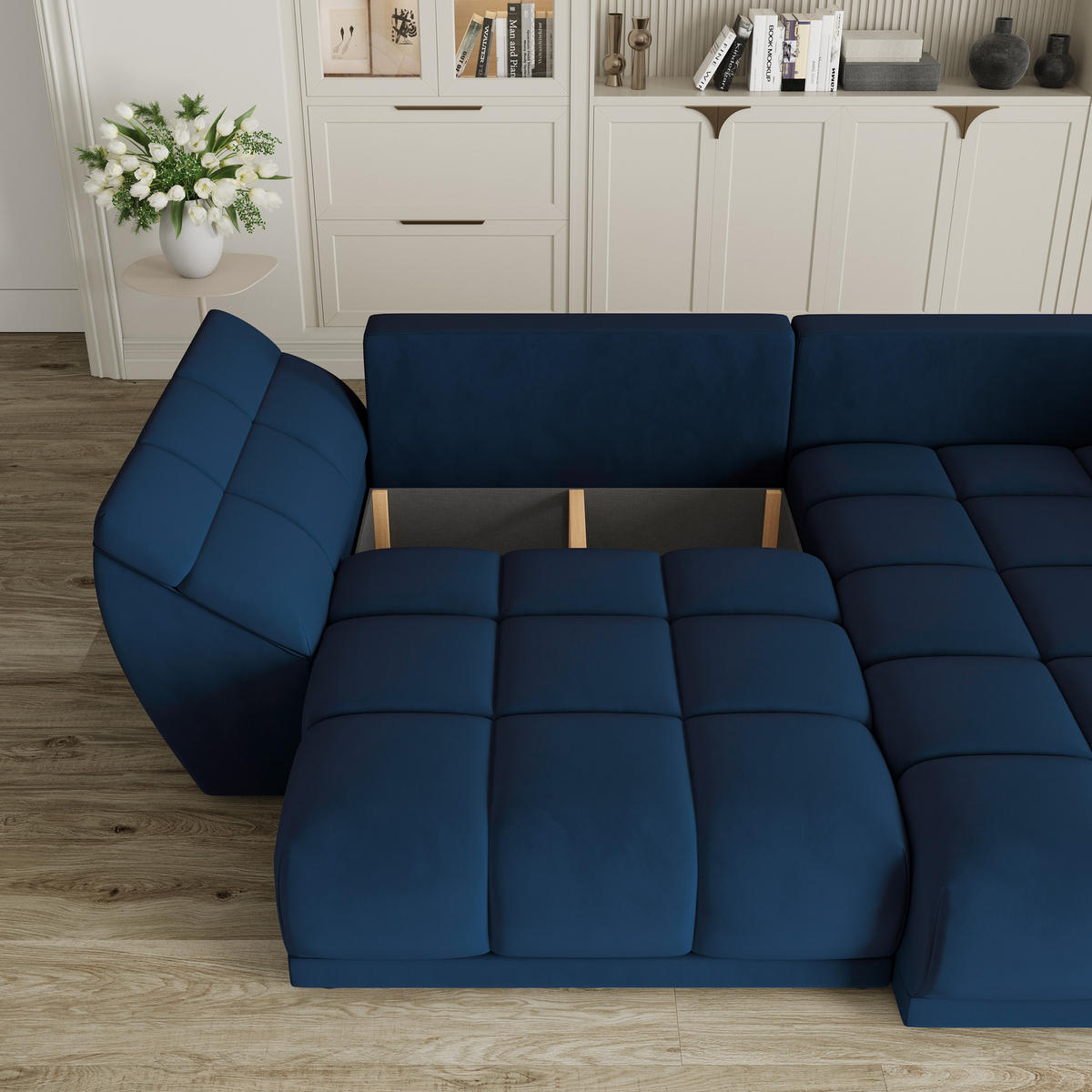 ECKSOFA ORENTI R-S Blau Velours-Stoff mit Schlaffunktion - Blau, Holz (287/182cm) - MASSENO