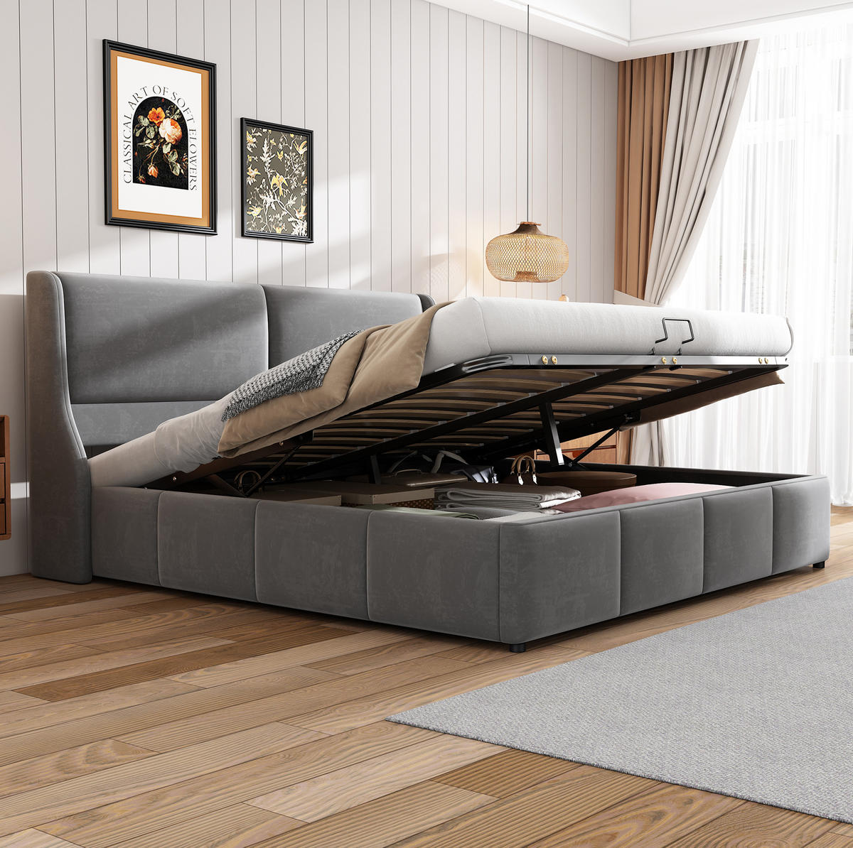 POLSTERBETT 180/200 cm grau aus Samt mit Bettkasten - Grau, Textil (180/200cm) - OKMYHOME