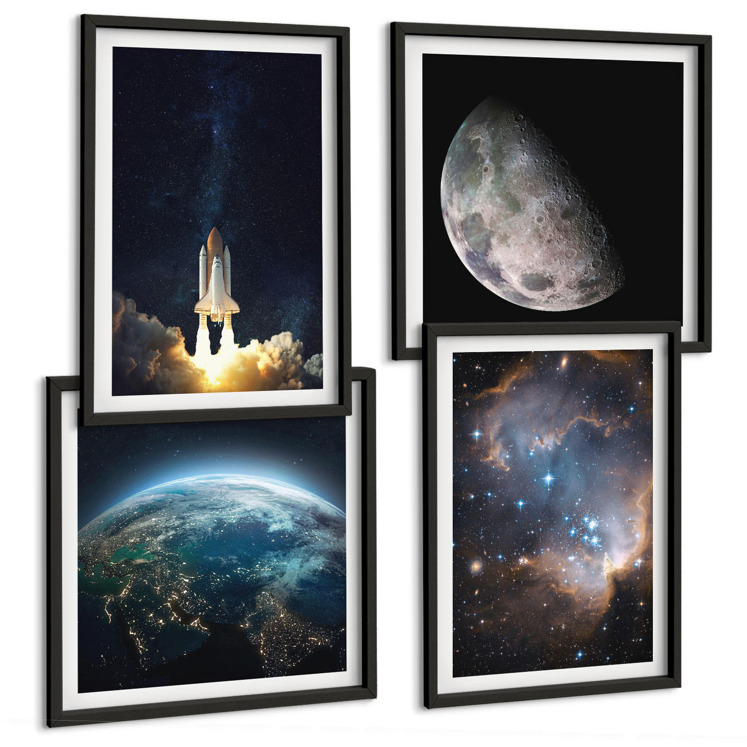 BILDER SET 4er Set - 50x50 cm & 40x60 cm Schwarzer Rahmen - Weltraum Erde Rakete Galaxie - Schwarz, Kunststoff (50/50cm) - TULUP