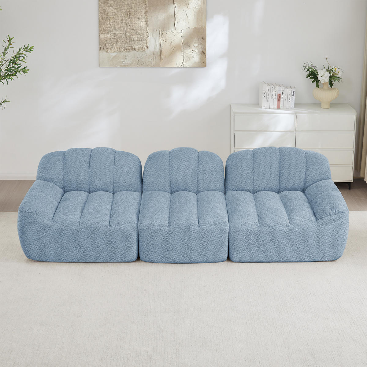 3-SITZER Sofa 288×104×79 cm Granuliertes Fleece rahmenlos modular, blau - Blau, Textil (104/79/288cm)