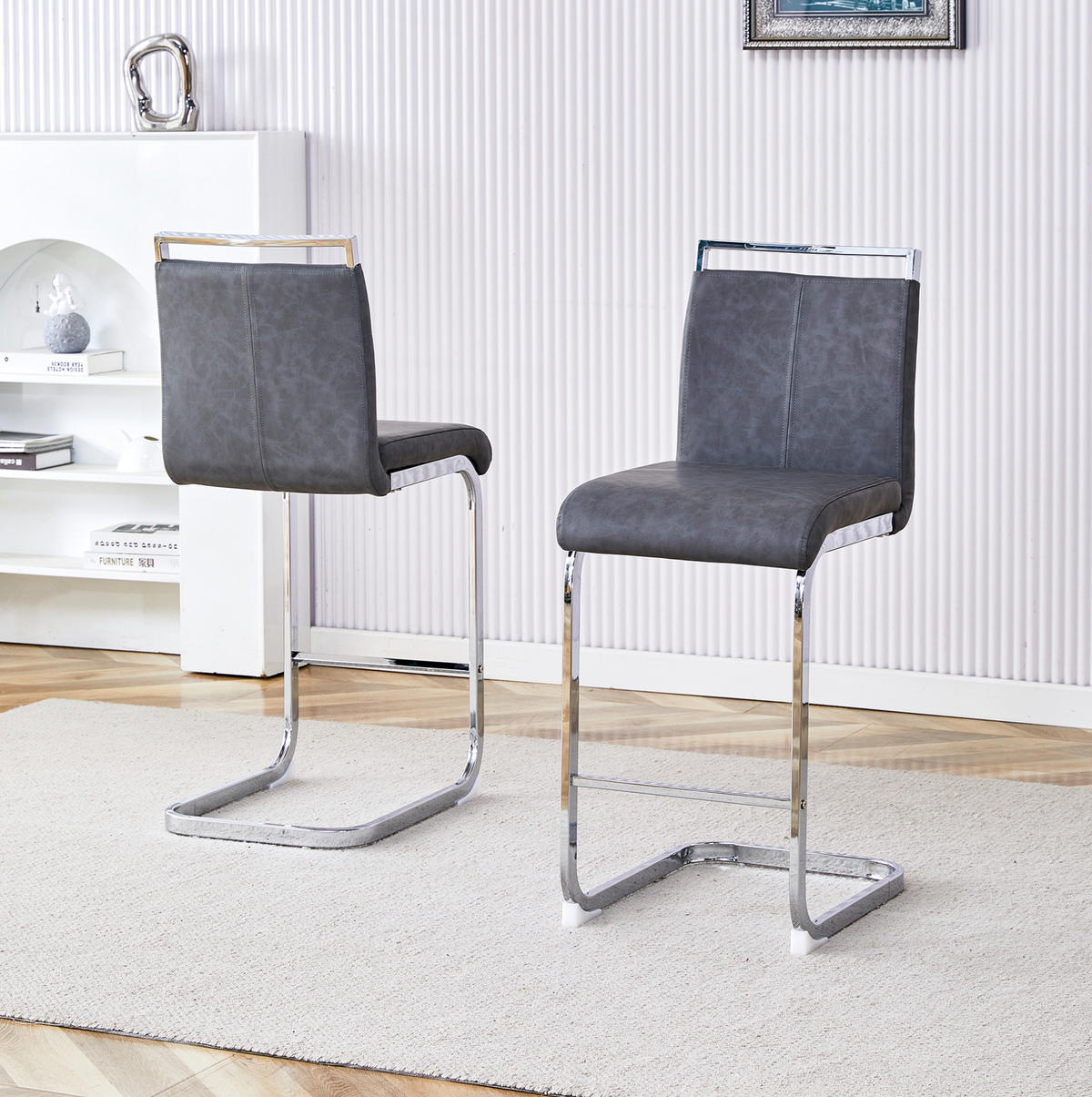 BARHOCKER 2er-Set 96,5 cm PU-Leder Dark Gray Silver - Grau, Metall (46.5/96.5/38.9cm) - Meubliv
