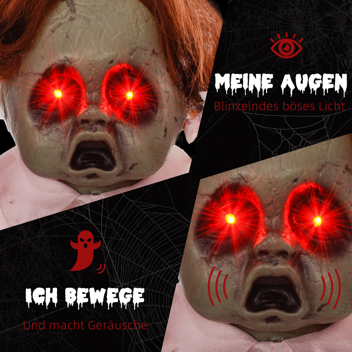 HALLOWEEN DECORATIONS 76cm Dekoration Geisterpuppe, Soundfunktion - Rosa, Kunststoff/Metall (50/76/15cm) - HOMCOM