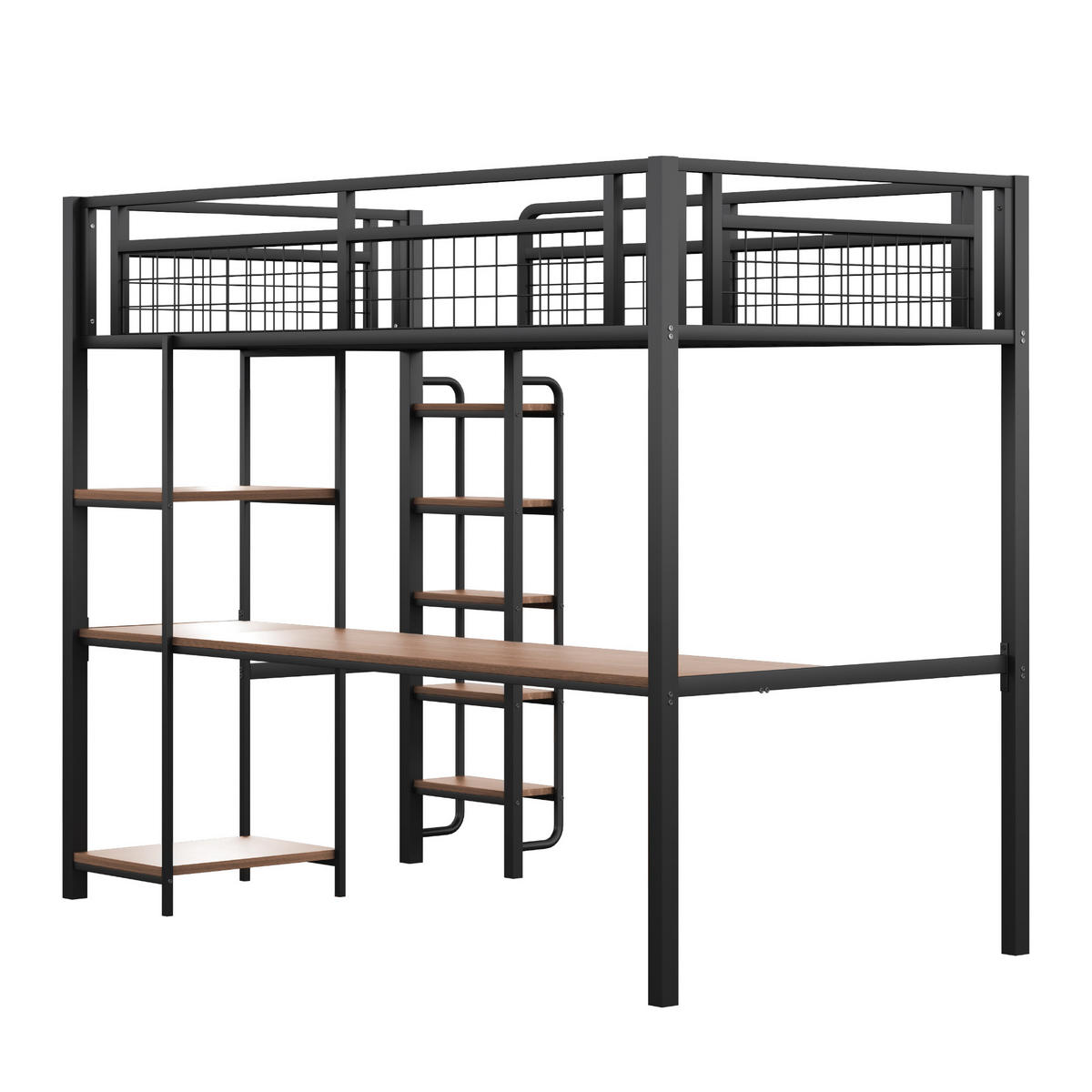 HOCHBETT aus Metall 90x200 cm in Schwarz mit Schreibtisch & Regalen - Schwarz, Metall (90/200cm) - Modfu