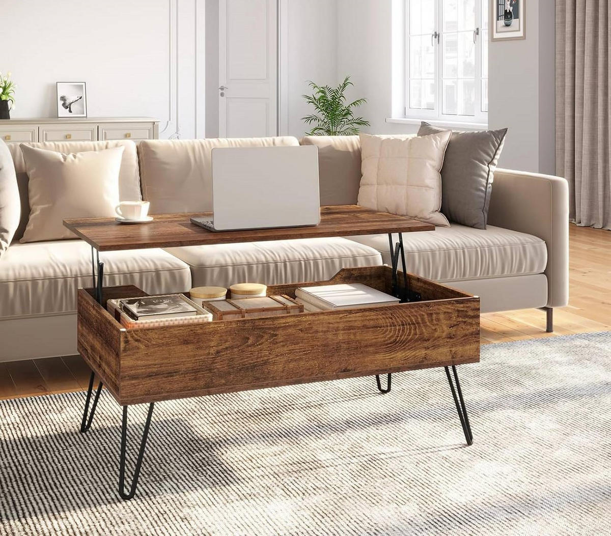 COUCHTISCH mit Stauraum, Metallbeine, Vintage-Holzoptik - Alteiche, Holzwerkstoff/Metall (50/95/40cm) - Woltu