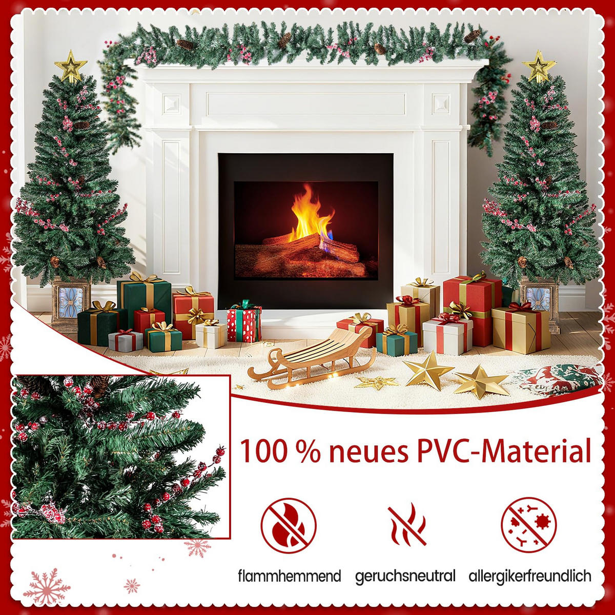 WEIHNACHTSBAUM Mini Tannenform mit Weihnachtsgirlande und Weihnachtskranz 120 cm grün(4-tlg) - Grün, Metall (120cm) - COSTWAY