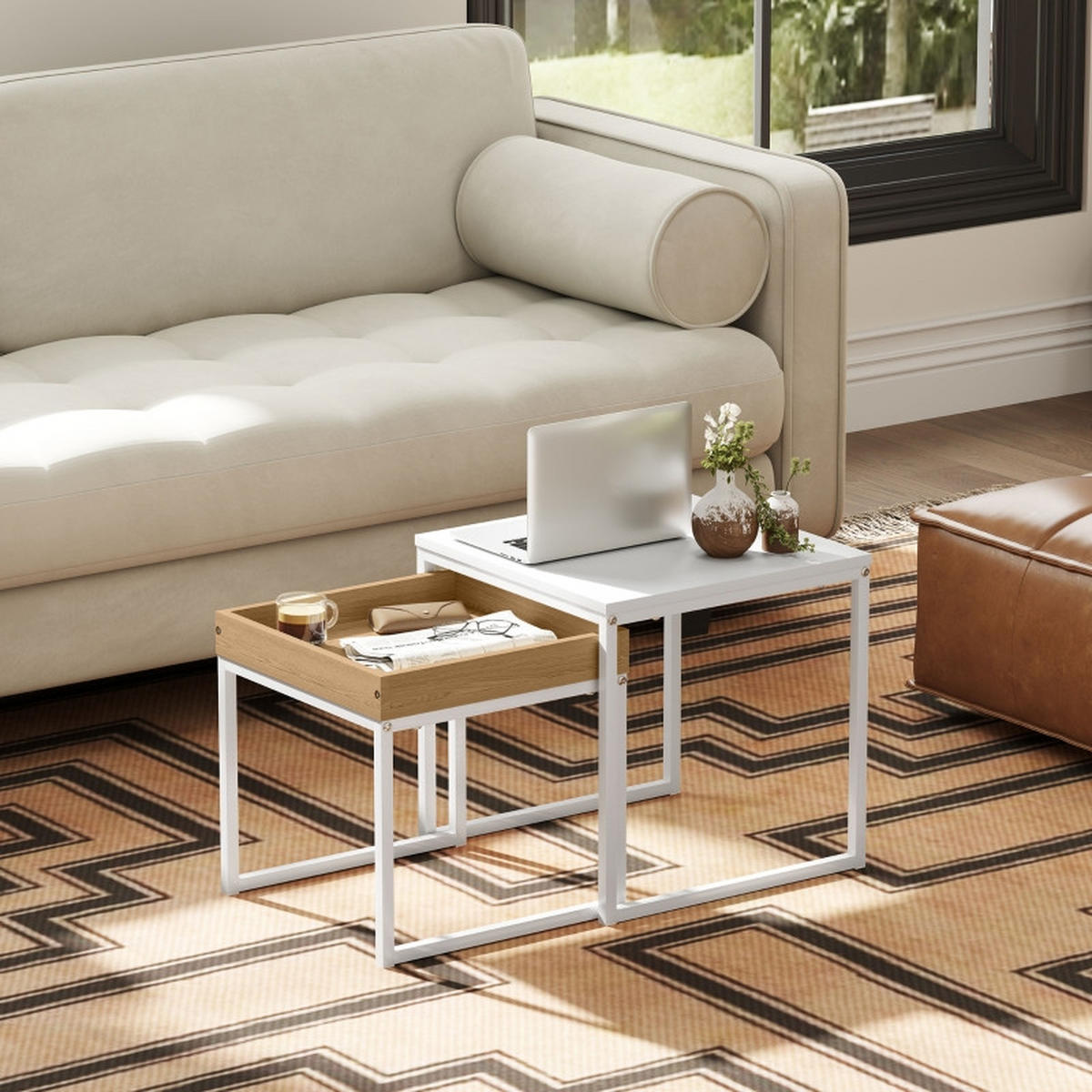 COUCHTISCH-SET 45/45/45 cm weiß mit abnehmbarem Tablett aus Stahl - Weiß, Metall (45/45/45cm) - OKWISH