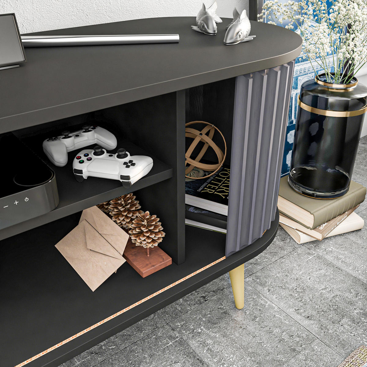 TV-ELEMENT Stor Schwarz Anthrazit - Anthrazit/Schwarz, Holz/Holzwerkstoff (43/64/140cm) - Decorotika