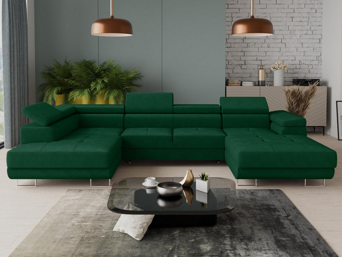 WOHNLANDSCHAFT Caris U, Seite: Rechts - Grün, Holz/Textil (348/90/205cm) - Sofnet
