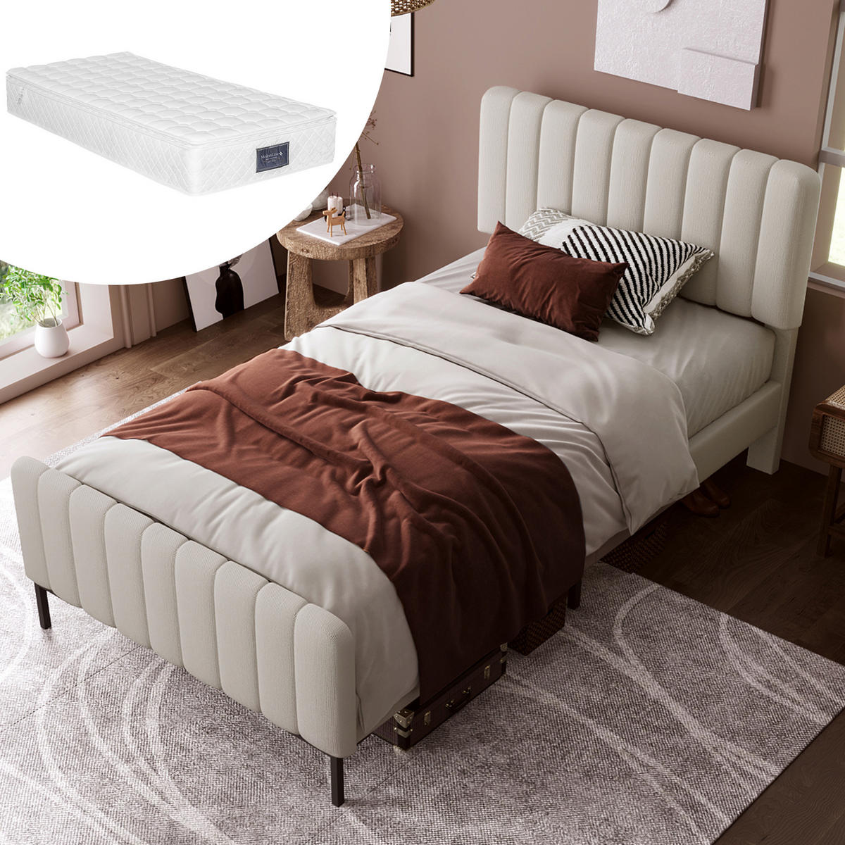 POLSTERBETT 90/200 cm Grau-Beige mit verstellbarem Kopfteil und Lattenrost aus Leinen Mit Matratze - Grau, Textil (90/200cm) - OKWISH