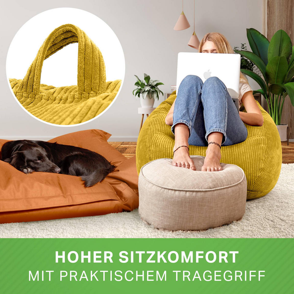 SITZSACK Indoor "Scoop" 90x110cm - Cord - Gelb, Textil (90/110/90cm) - Green Bean