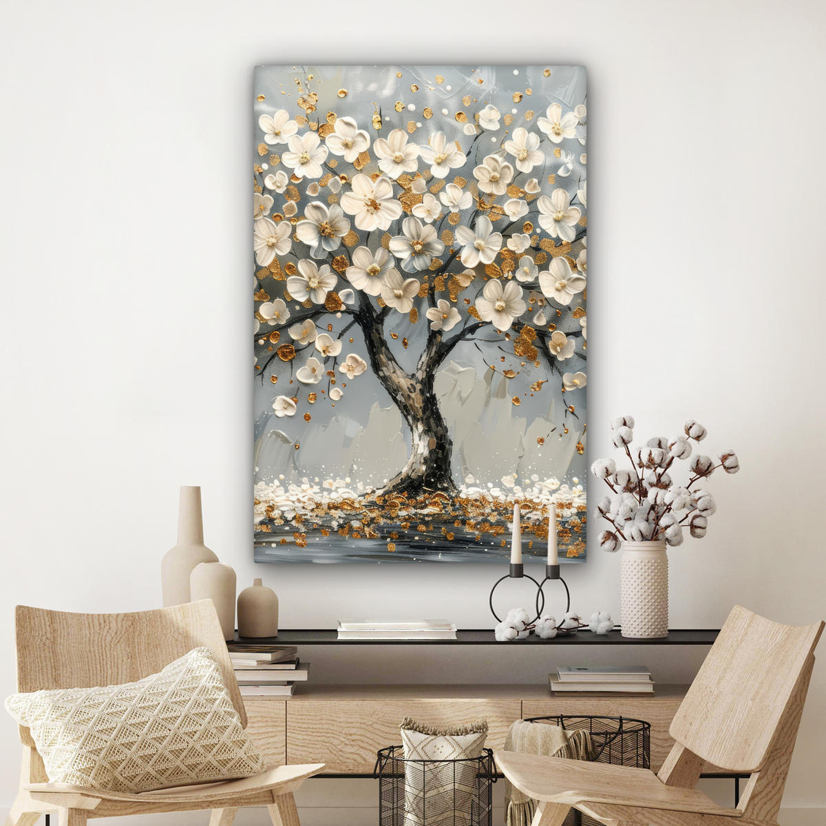 LEINWANDBILD Baum - Blumen - Weiß - Natur - Kunst Deko Groß 90x140 cm - Weiß, Textil (90/140cm) - MuchoWow