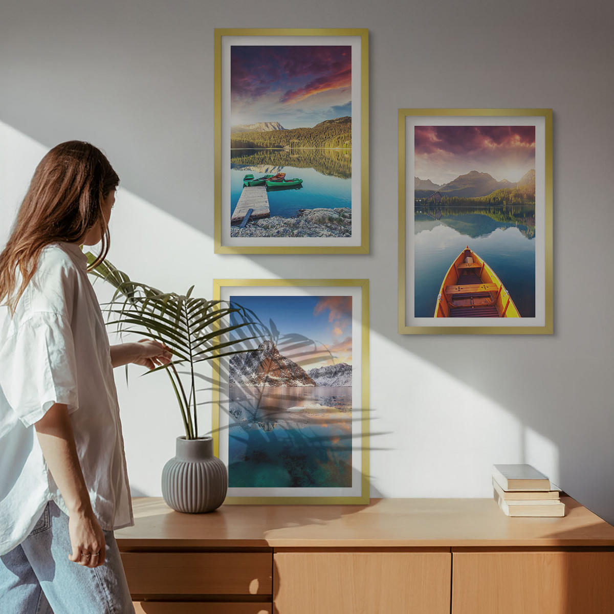 BILDER SET 3er Set - 40x60 cm Goldrahmen - Seen, Berge, Boote, Frieden - Goldfarben, Kunststoff (40/60cm) - TULUP