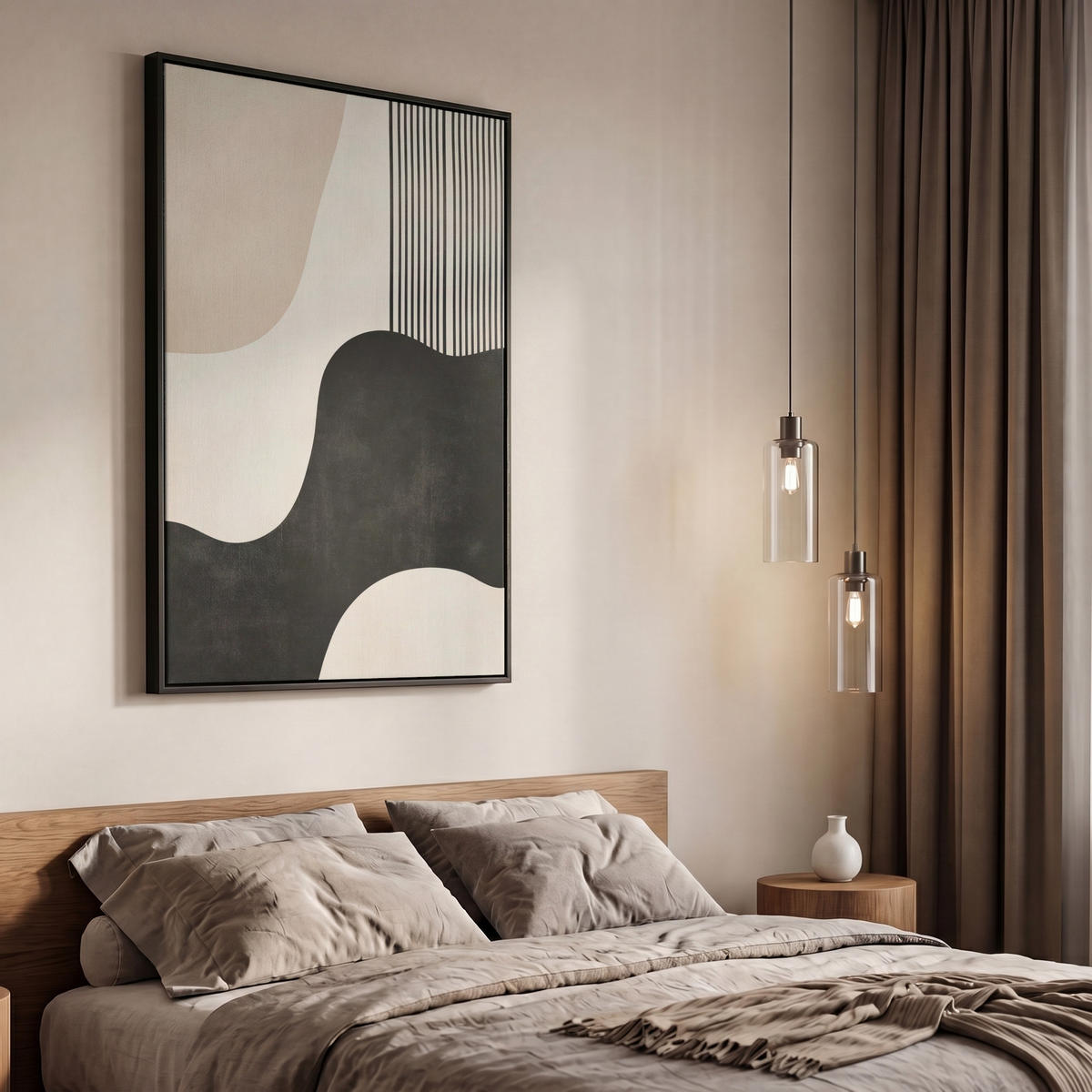 LEINWAND Bilder mit Rahmen - Abstrakt - Japandi - Beige - Modern - 60x90 - Schwarz, Textil (60/90cm) - MuchoWow