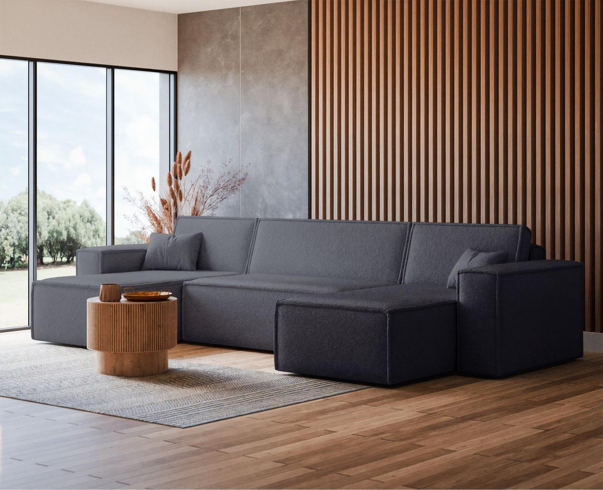 WOHNLANDSCHAFT Scarlo Dunkelgrau Bouclé-Bezug - Dunkelgrau/Schwarz, Kunststoff/Textil (312/83/145cm) - Selsey