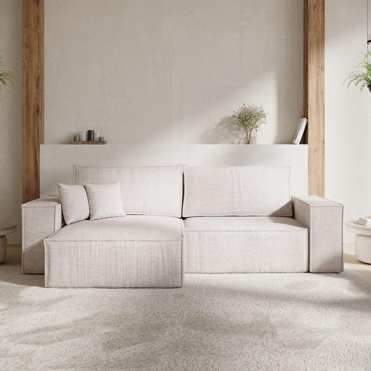 ECKSOFA CAVO mit Schlaffunktion Hellbeige im Neve Stoff - Sandfarben/Schwarz, Holz/Holzwerkstoff (255/148cm) - AltaBeds