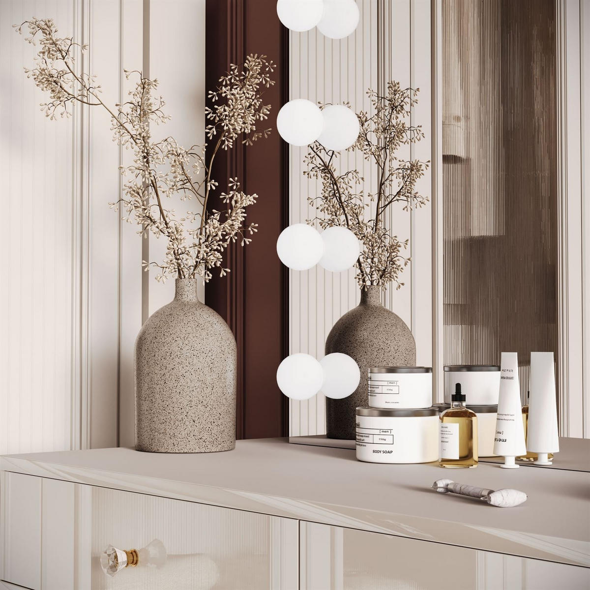 SCHMINKTISCH Blanco Kaschmir Elite mit Beleuchtung Kristallgriff - Kaschmir, Holzwerkstoff (100/81/42cm) - Lookway